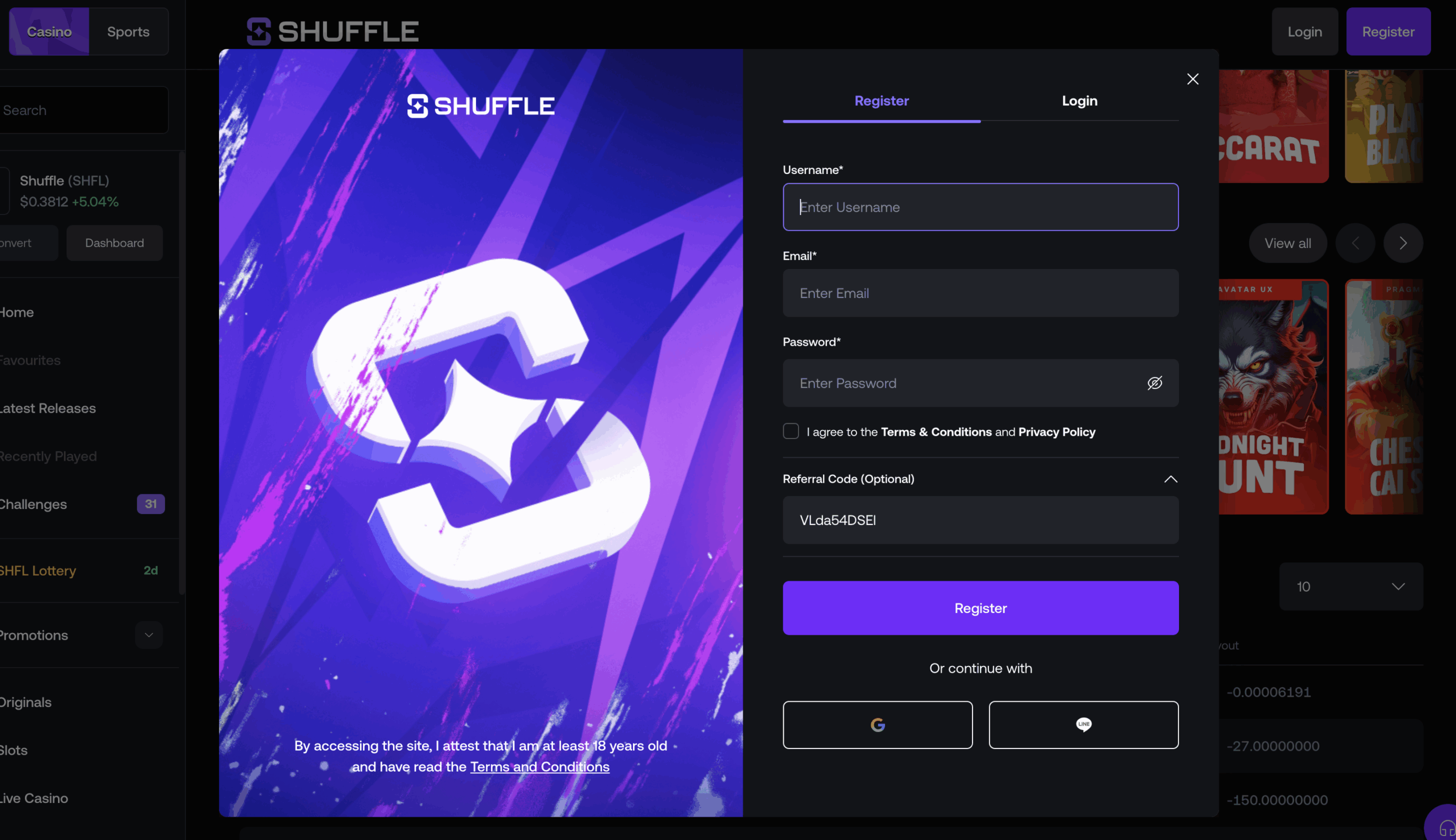 Shuffle Casino signup